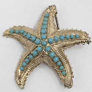 Vintage Signed Maresco Gold Tone Starfish Turquoise Brooch Pin